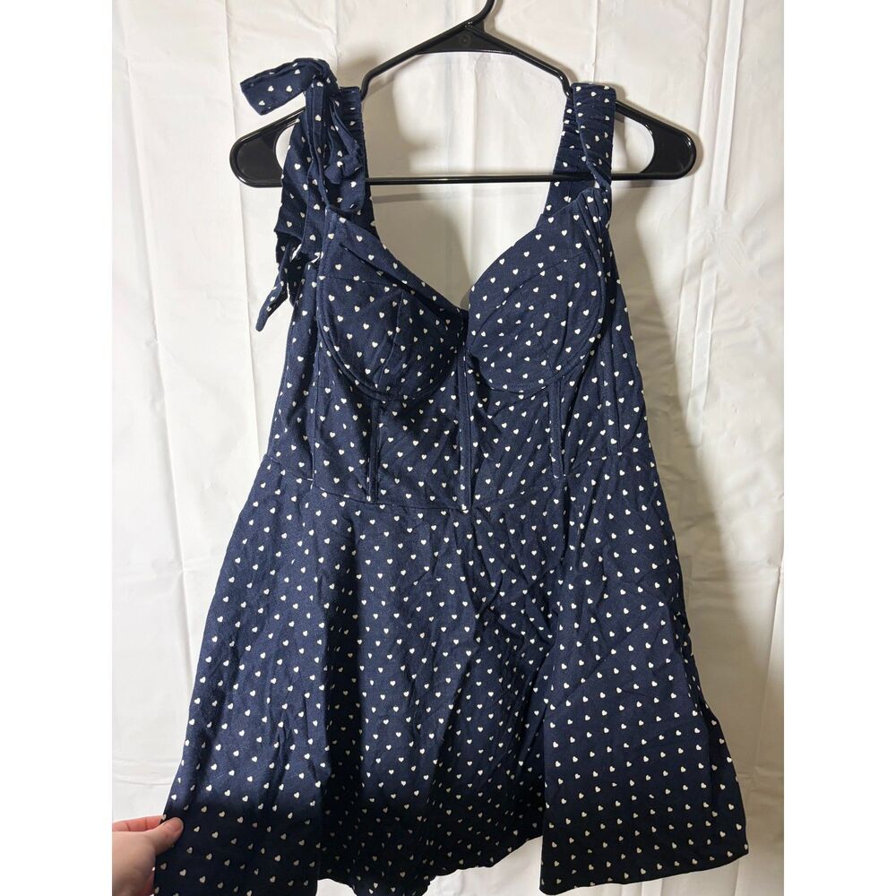 Megan Moroney Navy Heart Print Corset Mini Sundress Linen Blend XXL Tie Shoulder